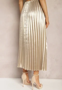 Beżowa Połyskująca Spódnica Plisowana Maxi Vilira