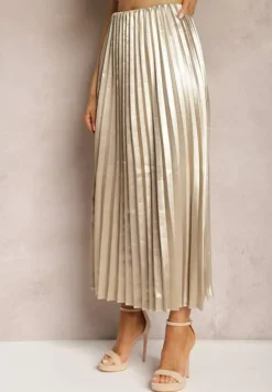 Beżowa Połyskująca Spódnica Plisowana Maxi Vilira