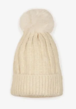 Beżowa Prążkowana Czapka Ozdobiona Pomponem Vamilora