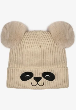 Beżowa Prążkowana Czapka z Misiem i Dwoma Pomponami Shenoy