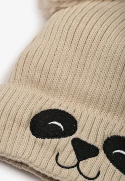 Beżowa Prążkowana Czapka z Misiem i Dwoma Pomponami Shenoy