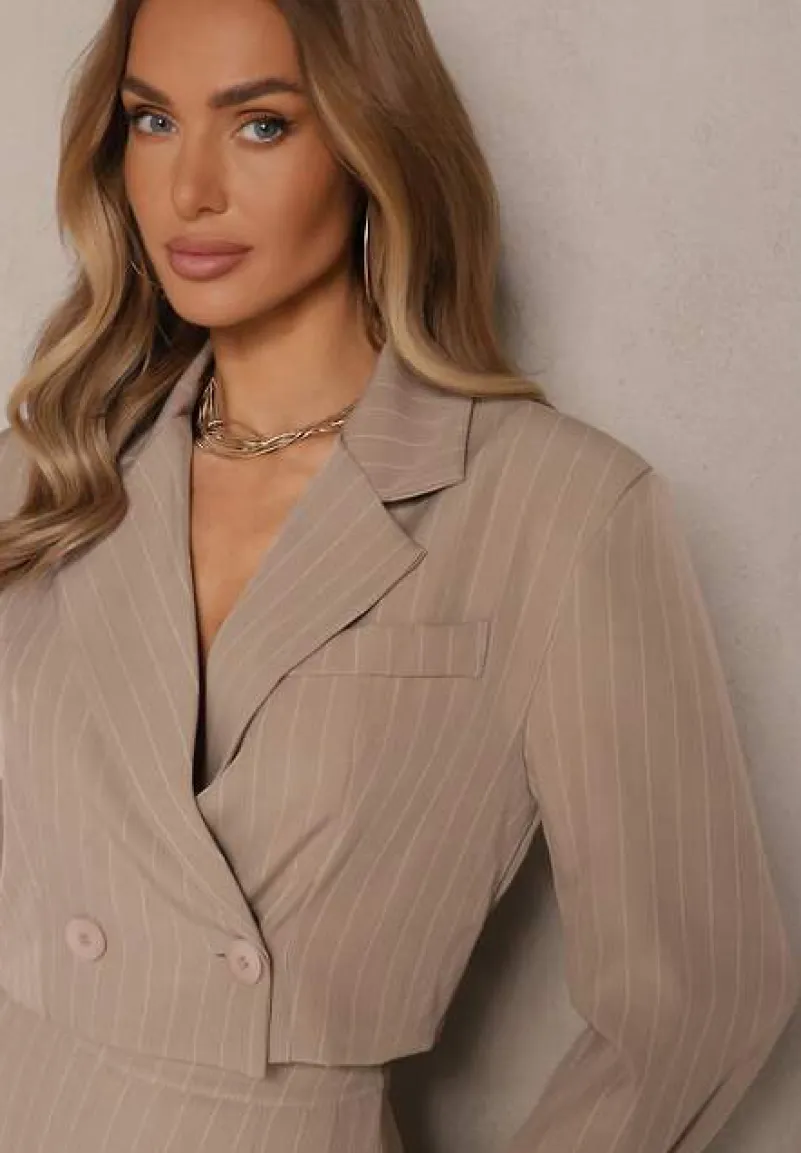 Beżowa Prążkowana Marynarka o Krótkim Dwurzędowym Kroju Redisna