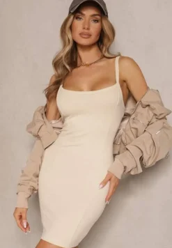 Beżowa Prążkowana Sukienka z Bawełny Typu Bodycon Tenalea