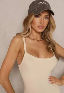 Beżowa Prążkowana Sukienka z Bawełny Typu Bodycon Tenalea