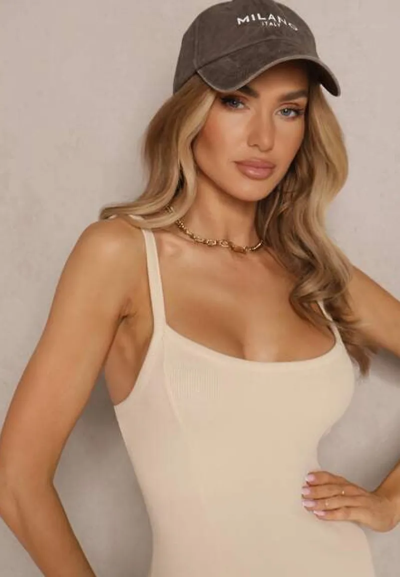 Beżowa Prążkowana Sukienka z Bawełny Typu Bodycon Tenalea