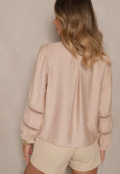Beżowa Prosta Koszula z Wiskozy z Ozdobnymi Koronkowymi Wstawkami Cesiola