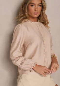 Beżowa Prosta Koszula z Wiskozy z Ozdobnymi Koronkowymi Wstawkami Cesiola