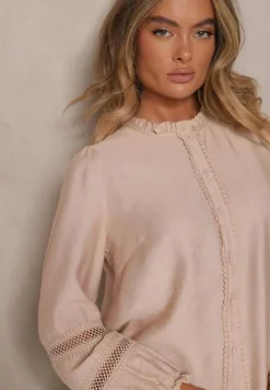 Beżowa Prosta Koszula z Wiskozy z Ozdobnymi Koronkowymi Wstawkami Cesiola