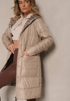 Beżowa Przejściowa Kurtka z Pikowanymi Przeszyciami i Kapturem Leandwen