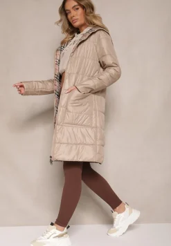 Beżowa Przejściowa Kurtka z Pikowanymi Przeszyciami i Kapturem Leandwen