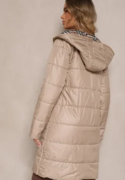 Beżowa Przejściowa Kurtka z Pikowanymi Przeszyciami i Kapturem Leandwen