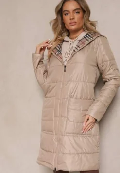 Beżowa Przejściowa Kurtka z Pikowanymi Przeszyciami i Kapturem Leandwen
