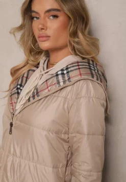 Beżowa Przejściowa Kurtka z Pikowanymi Przeszyciami i Kapturem Leandwen