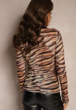 Beżowa Prześwitująca Bluzka Ozdobiona Marszczeniem w Paski Talabia