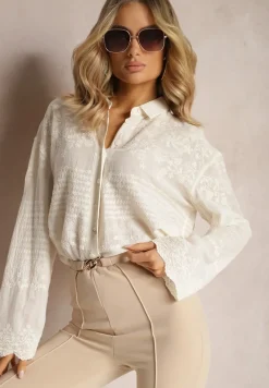 Beżowa Przezroczysta Koszula z Bawełny z Haftem w Kwiatki Kariela