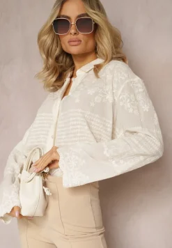 Beżowa Przezroczysta Koszula z Bawełny z Haftem w Kwiatki Kariela