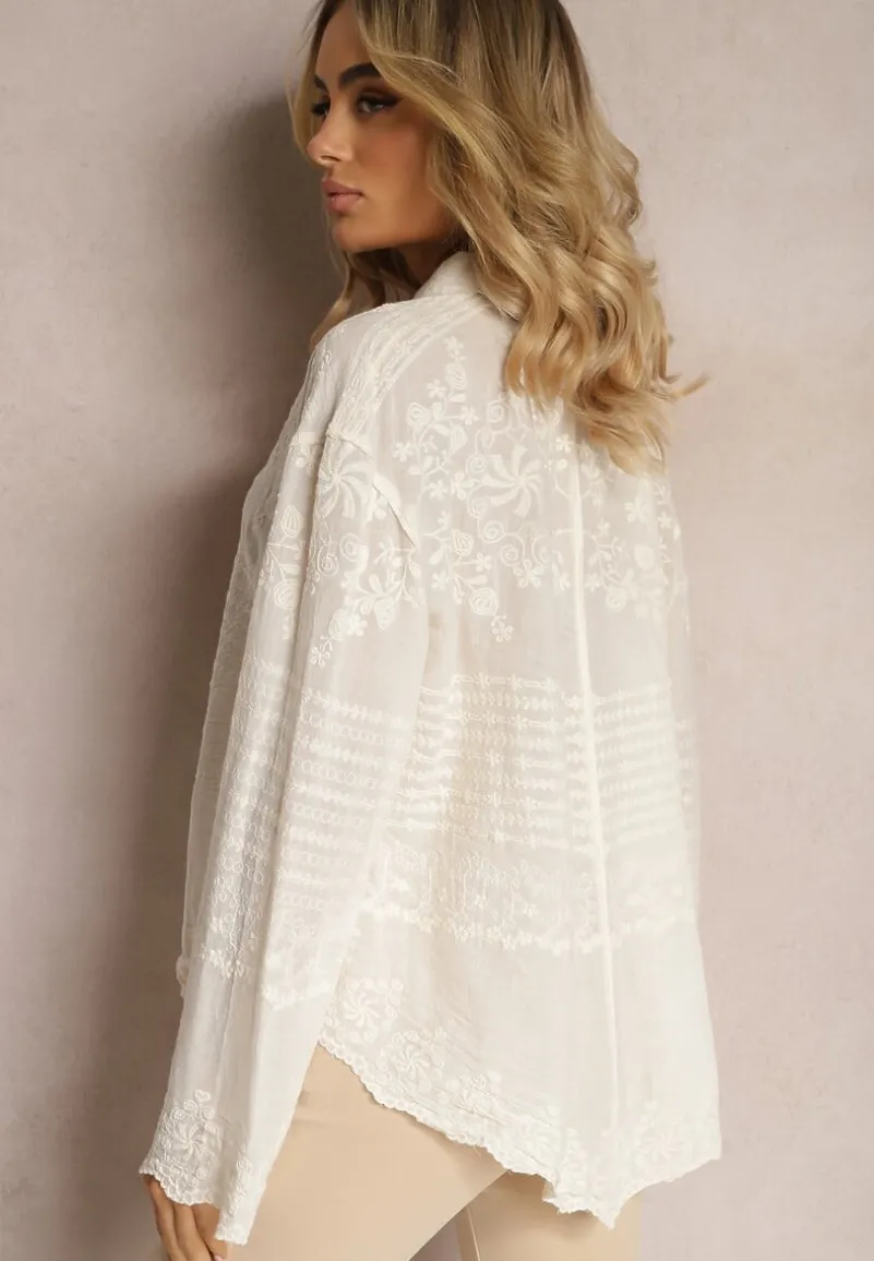 Beżowa Przezroczysta Koszula z Bawełny z Haftem w Kwiatki Kariela