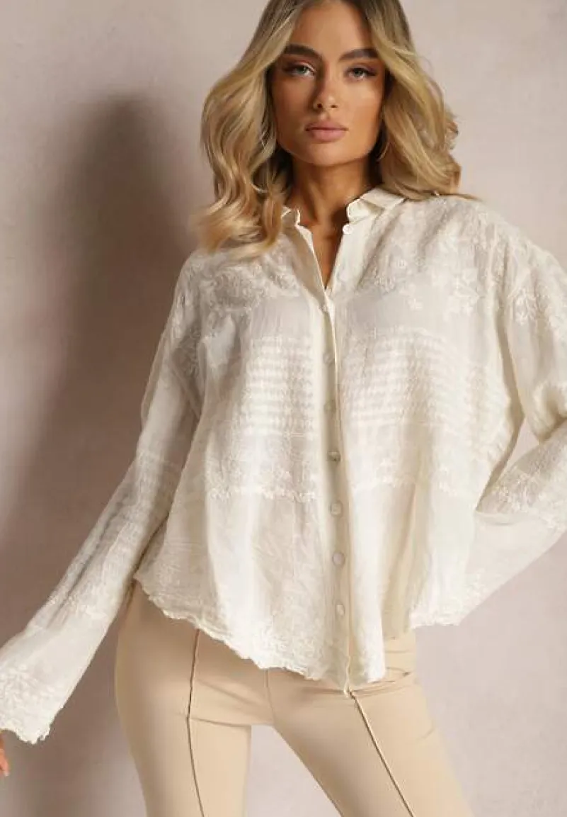 Beżowa Przezroczysta Koszula z Bawełny z Haftem w Kwiatki Kariela