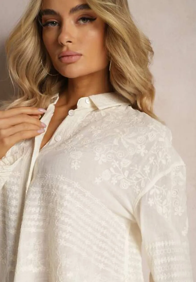 Beżowa Przezroczysta Koszula z Bawełny z Haftem w Kwiatki Kariela