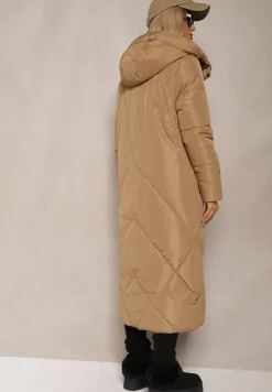 Beżowa Pudełkowa Kurtka o Długim Kroju z Pikowanymi Przeszyciami Kapturem i Kieszeniami Calatta