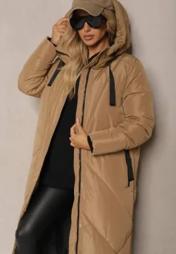 Beżowa Pudełkowa Kurtka o Długim Kroju z Pikowanymi Przeszyciami Kapturem i Kieszeniami Calatta
