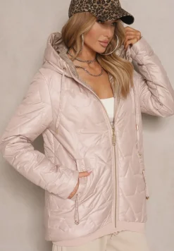 Beżowa Pudełkowa Kurtka z Pikowanymi Przeszyciami i Kapturem Telaniela