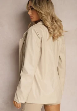 Beżowa Pudełkowa Marynarka z Ekoskóry Niezapinana z Poduszkami w Ramionach Suniya