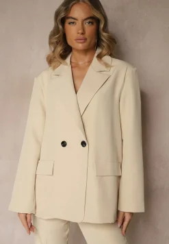 Beżowa Pudełkowa Marynarka Oversize o Dwurzędowym Fasonie Kositia
