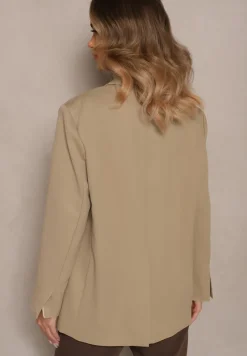 Beżowa Pudełkowa Marynarka Oversize o Dwurzędowym Fasonie z Dodatkowym Guzikiem Pasmira