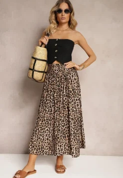 Beżowa Rozkloszowana Spódnica z Wiskozy w Panterkę High Waist z Gumką w Talii Vimashira