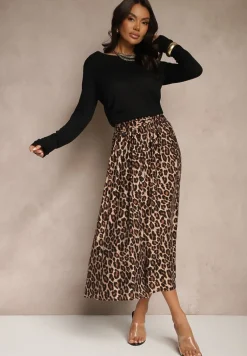 Beżowa Rozkloszowana Spódnica z Wiskozy w Panterkę High Waist z Gumką w Talii Vimashira