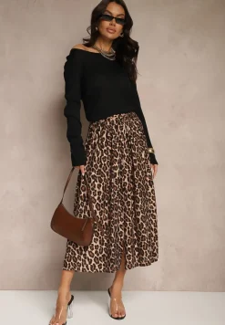 Beżowa Rozkloszowana Spódnica z Wiskozy w Panterkę High Waist z Gumką w Talii Vimashira