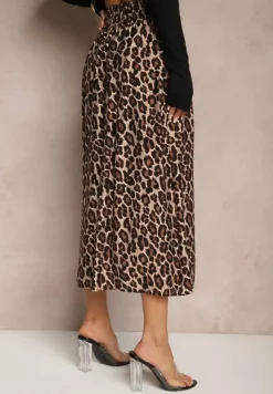 Beżowa Rozkloszowana Spódnica z Wiskozy w Panterkę High Waist z Gumką w Talii Vimashira