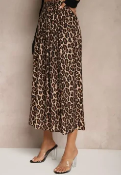 Beżowa Rozkloszowana Spódnica z Wiskozy w Panterkę High Waist z Gumką w Talii Vimashira