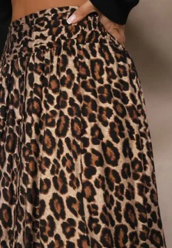 Beżowa Rozkloszowana Spódnica z Wiskozy w Panterkę High Waist z Gumką w Talii Vimashira