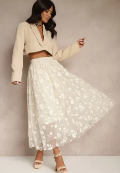 Beżowa Rozkloszowana Spódnica Tiulowa Zdobiona Welurowym Printem w Kwiaty Folisena