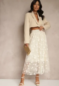Beżowa Rozkloszowana Spódnica Tiulowa Zdobiona Welurowym Printem w Kwiaty Folisena