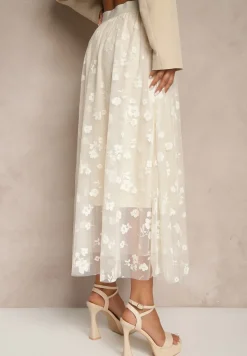 Beżowa Rozkloszowana Spódnica Tiulowa Zdobiona Welurowym Printem w Kwiaty Folisena