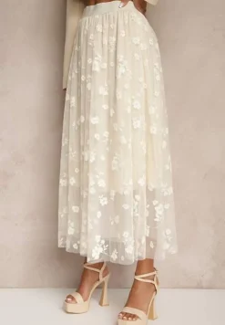 Beżowa Rozkloszowana Spódnica Tiulowa Zdobiona Welurowym Printem w Kwiaty Folisena