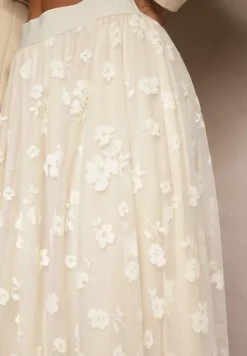 Beżowa Rozkloszowana Spódnica Tiulowa Zdobiona Welurowym Printem w Kwiaty Folisena