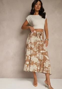 Beżowa Rozkloszowana Spódnica z Wiskozy w Kwiatowy Wzór z Paskiem Tilinda
