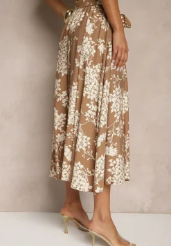 Beżowa Rozkloszowana Spódnica z Wiskozy w Kwiatowy Wzór z Paskiem Tilinda