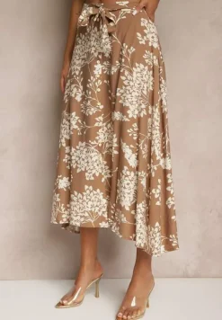 Beżowa Rozkloszowana Spódnica z Wiskozy w Kwiatowy Wzór z Paskiem Tilinda