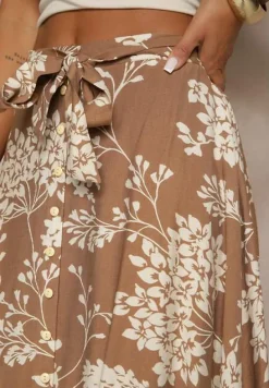 Beżowa Rozkloszowana Spódnica z Wiskozy w Kwiatowy Wzór z Paskiem Tilinda