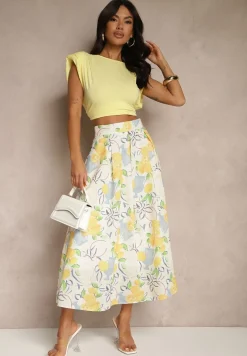 Beżowa Rozkloszowana Spódnica Bawełniana Ozdobiona Printem w Cytrynki Ralzema