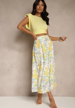 Beżowa Rozkloszowana Spódnica Bawełniana Ozdobiona Printem w Cytrynki Ralzema