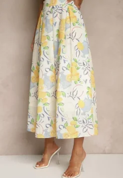 Beżowa Rozkloszowana Spódnica Bawełniana Ozdobiona Printem w Cytrynki Ralzema