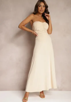 Beżowa Rozkloszowana Spódnica High Waist z Marszczeniem w Pasie Nolisea