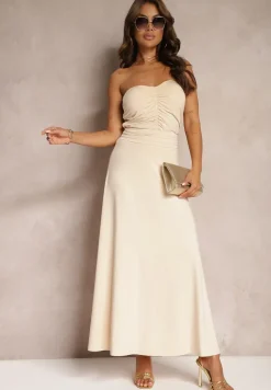 Beżowa Rozkloszowana Spódnica High Waist z Marszczeniem w Pasie Nolisea