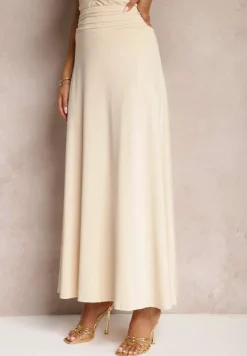 Beżowa Rozkloszowana Spódnica High Waist z Marszczeniem w Pasie Nolisea